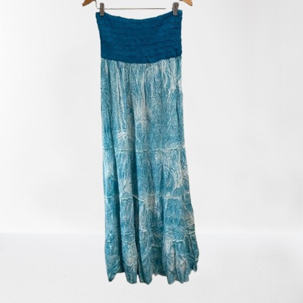 NEW Chaudry Anthropologie Crochet Strapless Maxi Dress Blue Teal XS